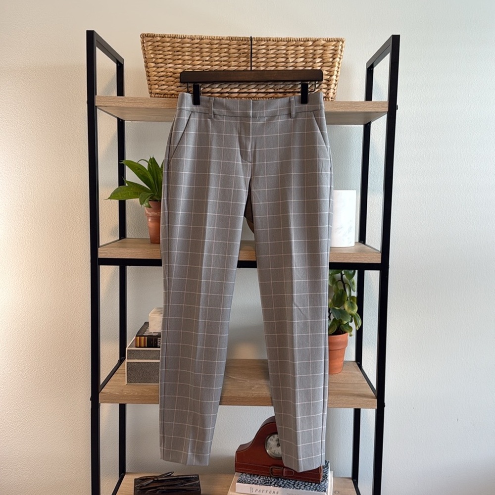 Express Mid-Rise Columnist Ankle Gray Plaid Woven Career Dress Pant Trouser, 4